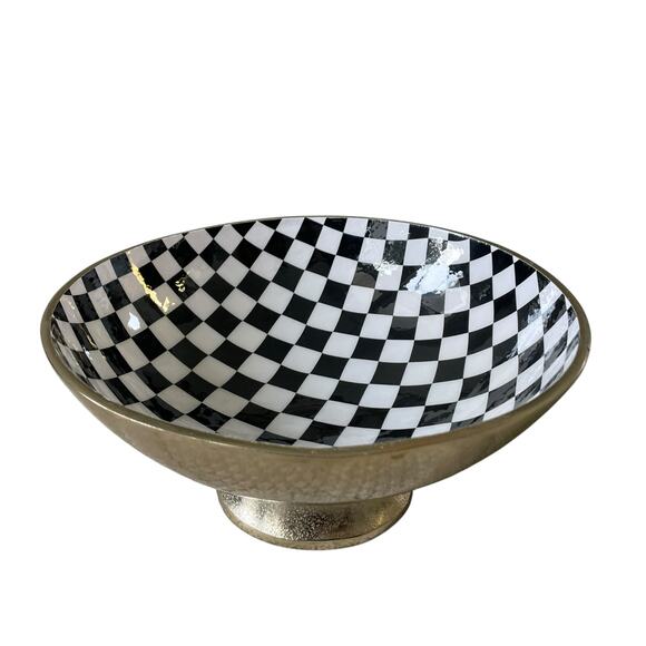 Black & White Checkered Enameled Gold Metal Bowl 10" Made in India NEW - Picture 11 of 16